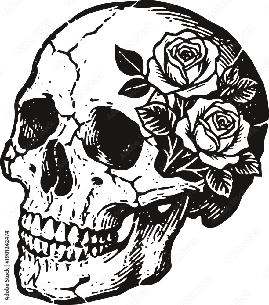 black and white human skull with blooming roses growing from eye socket ...