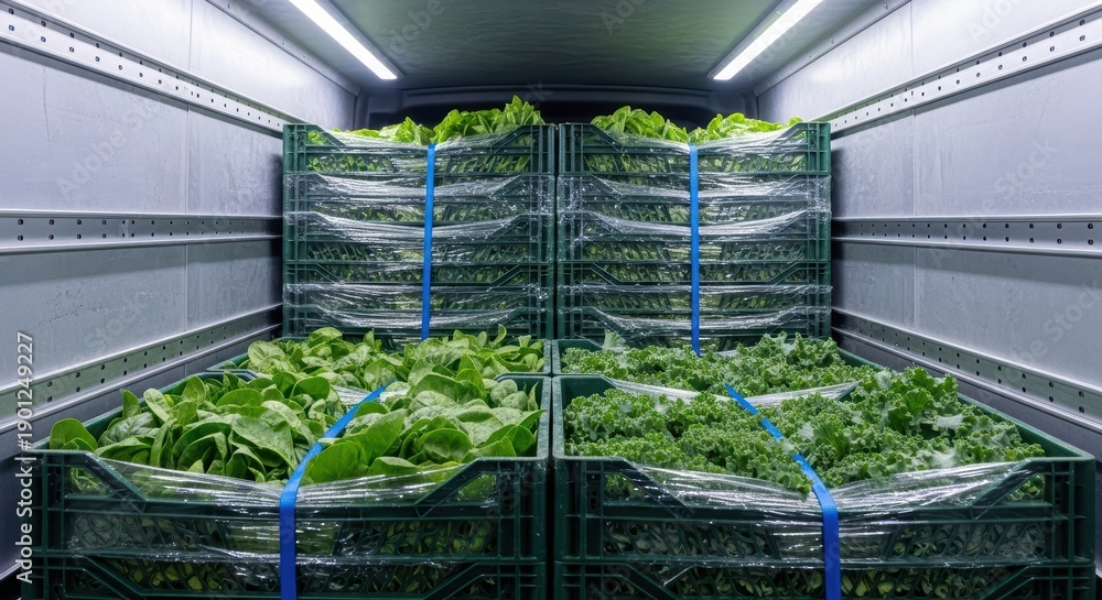 Foto de Stock Fresh green leafy vegetables crated and packed in ...