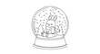 © Delbert - Line art drawing of a cute rabbit wearing a scarf sitting inside a snow globe with pine trees and falling snowflakes.