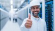 © Cdel - Electrician in smart casual attire, aged 25-35, smiling proudly and giving a thumbs-up after successfully resolving a critical AI server issue, showcasing expertise and confidence.