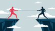 © Melissa J. Abrams - Tug of war challenge illustration over deep chasm, symbolizing conflict, competition, tension, and strategic struggle between opposing forces, designed in conceptual business and teamwork metaphor art