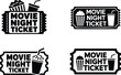 © Jubxvect - Collection of black and white movie night ticket icons with popcorn and soda cups, perfect for entertainment concepts.