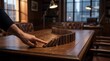 © Opening - Hand Pushing Dominoes in a Curved Line on a Wooden Table.