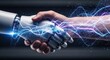 © Running opossum - human hand shaking with robotic hand exchanging electric energy in futuristic setting