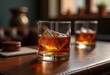 © Yaraslava - Bourbon Whiskey Rocks Glass on Leather Desk Luxurious Work Environment Captivating Detailing