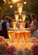 © Yaraslava - Cascading Champagne Tower Glasses Sparkle Amidst Grand Wedding Reception Festivities