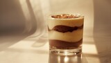 Tasty three-layer mousse dessert of vanilla, chocolate, and creme brulee in a glass under the sun