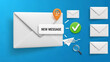© Noor  - Email notification with new message alert on white envelope in modern digital communication with blue gradient background for online marketing
