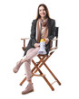 © New Africa - Professional film director with megaphone on chair against white background