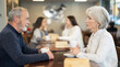 © JackF - Mature couple communicate and chatting during date in cafe, have rendezvous, lovers tryst. Participants of meeting get to know each other, joke and communicate during meeting