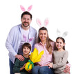 © New Africa - Happy Easter. Family with bunny ears and wrapped egg on white background