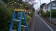 © chic designs - 日本の住宅街の賑やかな通りに、はしごや安全装置を備えた鮮やかなホリデー ライトの設置