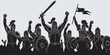 © Riki - Silhouette of a victorious army of warriors in armor with swords and shields raised in triumph.