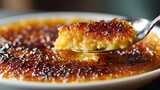 Close-up of a delicious creme brulee dessert with a crispy caramelized sugar crust.