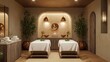 © Sinechana - High-end spa massage room with herringbone wood flooring, two premium adjustable tables with memory gel face cradles, hand-folded Turkish cotton towels in signature spa fold, backlit wall with logo