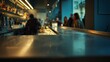 © 楠 刘 - Modern Italian cocktail bar interior with empty steel counter in foreground, barman preparing drinks behind, group of stylish people socializing, warm artificial lighting, cinematic composition