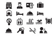© primus - A service themed vector displays multiple accommodation icons including hotels, room keys, breakfast, swimming pools, and reception staff, highlighting care, convenience, and guest satisfaction.