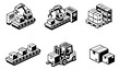 © cac_tus - Isometric line art industrial set featuring robotic arms, conveyor belts, and boxes for manufacturing and logistics