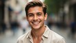 © CrazyJuke - Optimistic portrait of a cheerful man: A handsome man with a radiant smile exudes warmth and confidence, posing against a bustling city backdrop.