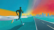 © Vladimir - Runner approaching city skyline along bright highway at dawn symbolizing ambition progress and healthy urban lifestyle