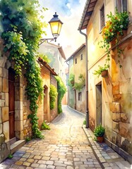 Naklejka na meble Illustration of a charming cobblestone street in a quaint old town with stone buildings and lush greenery