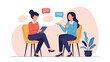 © Rifat - Two women engaged in a conversation or therapy session, with one actively listening and the other speaking, surrounded by speech bubbles, depicting communication, counseling, or interview scenarios.