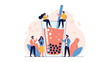 © Rifat - Group of small, diverse people interacting around a giant bubble tea drink with a straw, symbolizing social gathering, refreshment, or a trendy beverage culture.