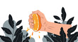 © Mostofa - Human hand vigorously squeezes a fresh orange, with juice splashing out, surrounded by dark leaves, symbolizing natural freshness and healthy eating.