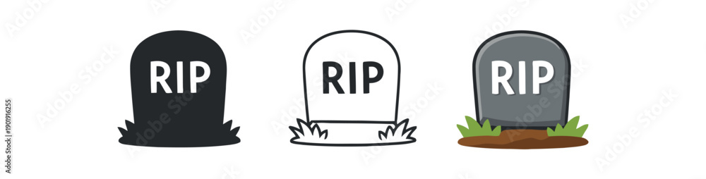 Mini Cemetary Rip Sign Tombstone RIP icon set, grave marker symbol. Death and memorial concept ...