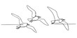 © Gerish - Seagulls Flying Against continuous one line drawing, Elegant minimalist line art illustration of a seagull in soaring flight motion on a pristine white, Continuous line art drawing of a flying bird.