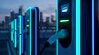 © VIRTA JUHO MIKKO - Row of modern electric vehicle charging stations glowing with vibrant blue and cyan neon lights in an urban setting at twilight, ready for use