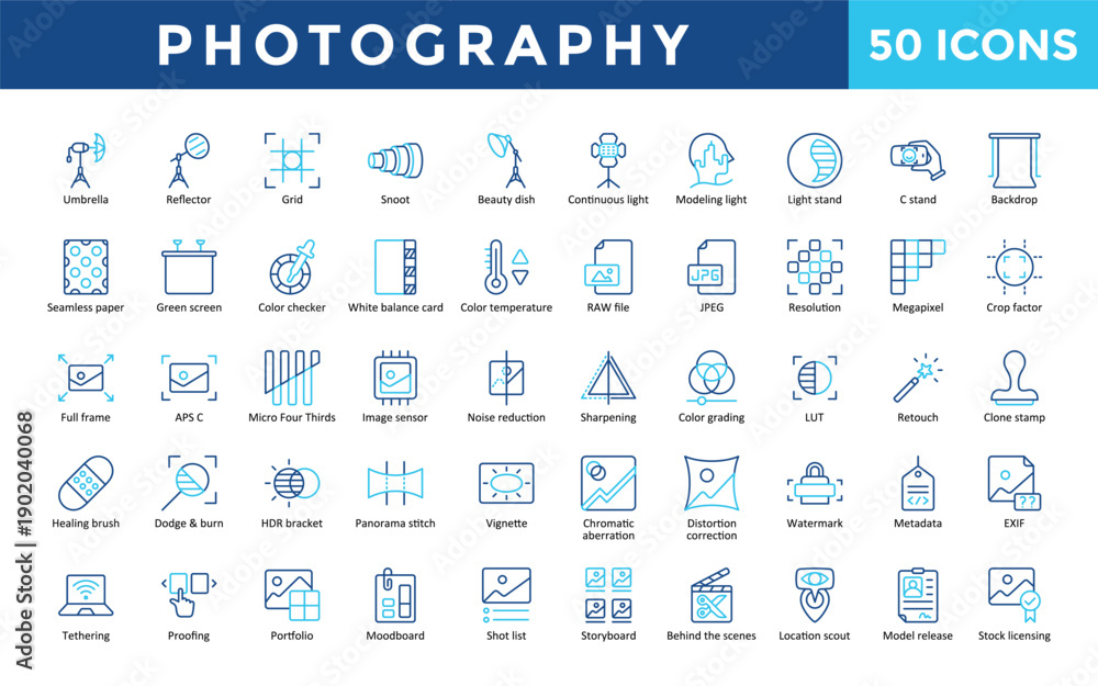 Photography icons set with beauty dish, continuous light, modeling ...