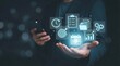 © CuteBee - A businessman holds a glowing palm with digital icons representing data analysis project management and modern technological solutions high quality professional detailed