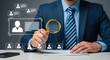© Abdur - Man in suit examines digital organizational chart with magnifying glass golden handle
