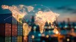 © Oye - Global logistics network visualized over stacked shipping containers symbolizes interconnected worldwide trade and international supply chain management systems.