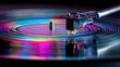 © HappyFoxy - Close-up of turntable tonearm with diamond stylus touching spinning vinyl, rainbow reflections swirl in grooves in foreground, soft bokeh lights fade in dark background, concept retro music nostalgia