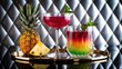 © Luiri Art - Two vibrant tropical cocktails garnished with mint on a golden tray alongside a whole pineapple and slice, with a modern quilted silver background reflecting a chic party vibe