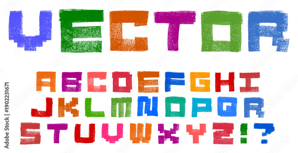 Block Gamer Style Alphabet Font Crayon Chalk Drawing Doodle Vector Set ...