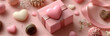 © Prasanth - Cute pink background for Valentine Day. Valentines greeting card flat lay with gifts box with ribbons, chocolates and heart decor top view copy space