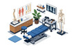 © Passatic - Chiropractic clinic interior with examination table, skeleton model, and diagnostic tools