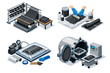 © Passatic - Composite material manufacturing process isometric illustration showing different stages of production