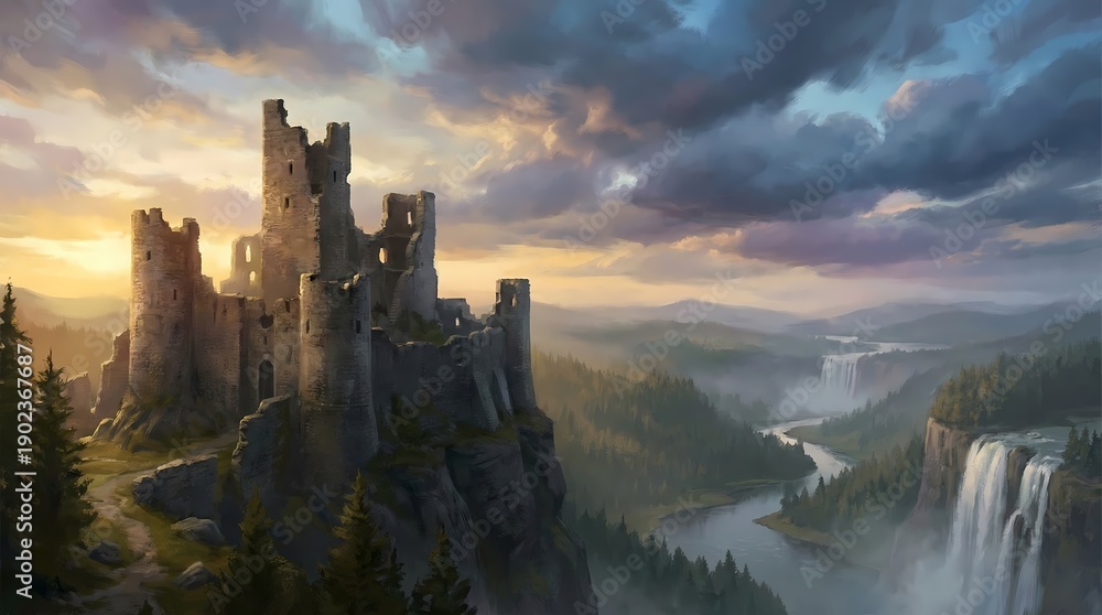 Mystical ruined castle on cliff with waterfall landscape Stock ...