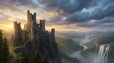 Mystical ruined castle on cliff with waterfall landscape