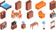 © Sophia Creatives - Isometric home furniture vector set with sofa bed table chair wardrobe cabinet, modern interior room elements collection