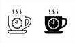 © md - Hot cup of coffee with clock on saucer and steam, outline and filled version