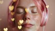 © Olly Photography - A girl with pink hair, headphones, and glittery cheeks enjoys music, surrounded by heart-shaped bokeh lights.
