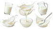 © Tati - Fresh white milk poured into a bowl, glass and jug with spoon and dynamic splashes showing creamy liquid motion