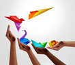 © freshidea - Transform To Succeed and Transformation with Success as people changing and growing for achievement as a business leadership and change metaphor with innovation and creativity as paper transforming in