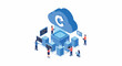 © adzril - Isometric illustration of cloud data sync and computing. IT professionals manage server infrastructure for secure data storage, backup, and network solutions.