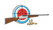 © John - Sport shooting equipment including a shotgun resting against a colorful bullseye target with brass ammunition cartridges on the ground.